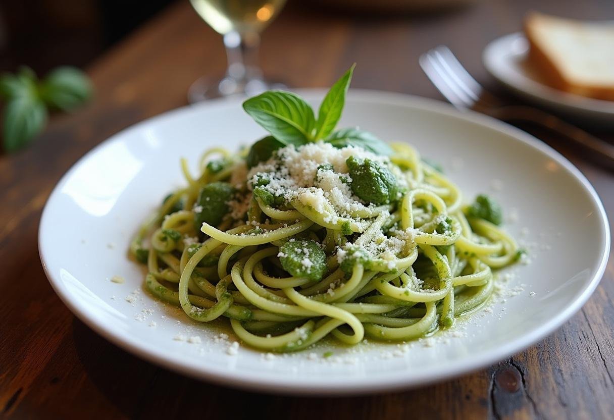 Delicious plate of pasta con pesto, a perfect dish for Italian cuisine lovers.