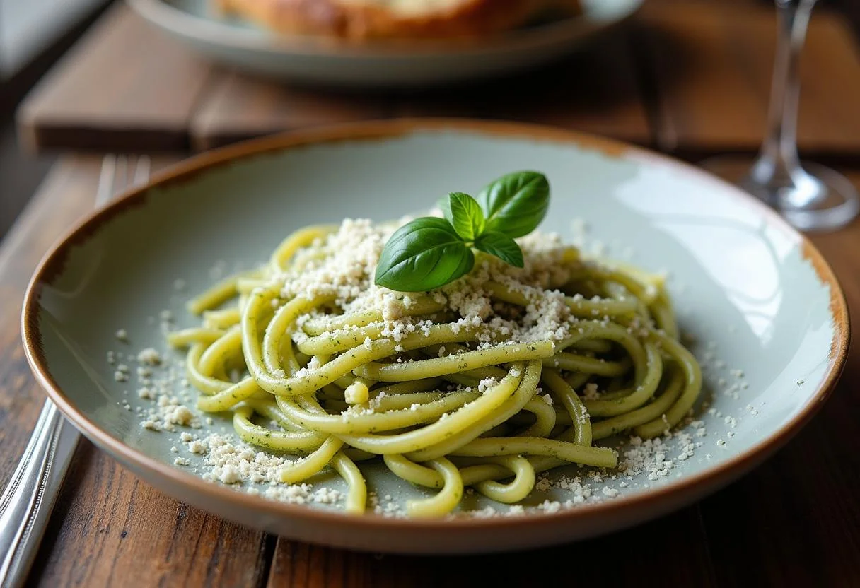 Delicioso plato de pasta con pesto, un plato perfecto para los amantes de la cocina italiana.