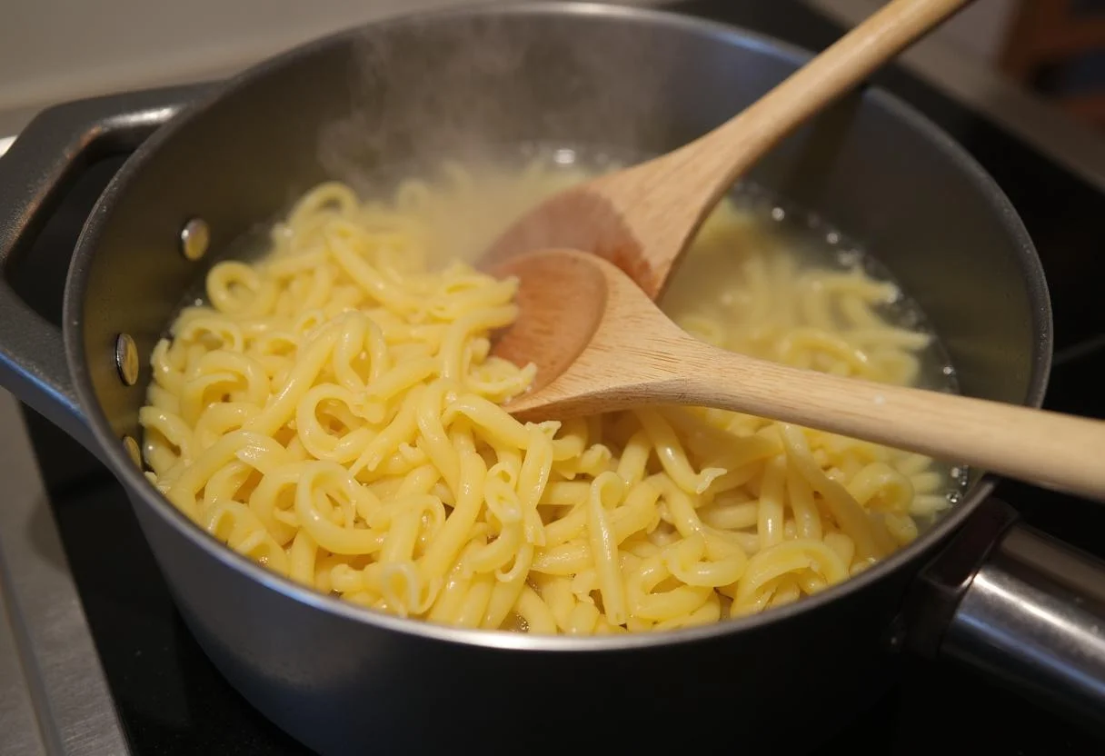 Agua hirviendo preparada para cocinar pasta con pesto.