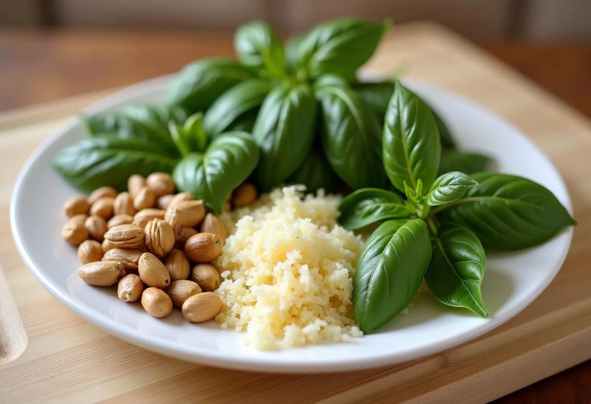 Ingredientes para hacer pesto para pasta con pesto, incluyendo albahaca, piñones y ajo.