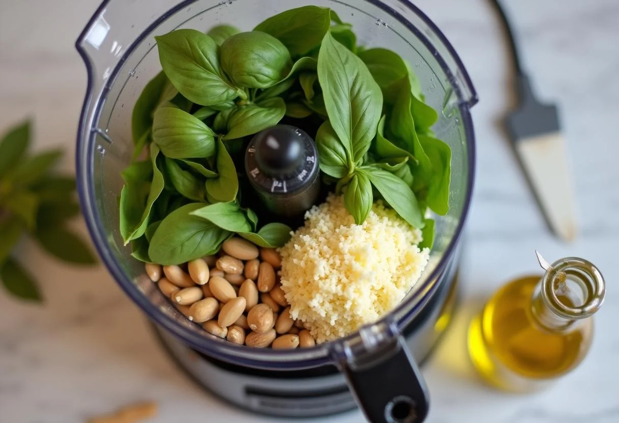 Batidora con ingredientes para la salsa pesto para la receta de pasta con pesto.