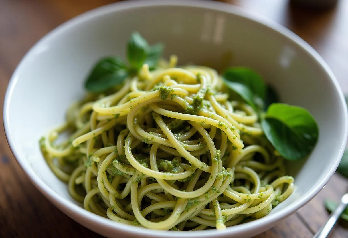 Pasta mezclada con pesto fresco, un paso clave en la preparación de pasta con pesto.