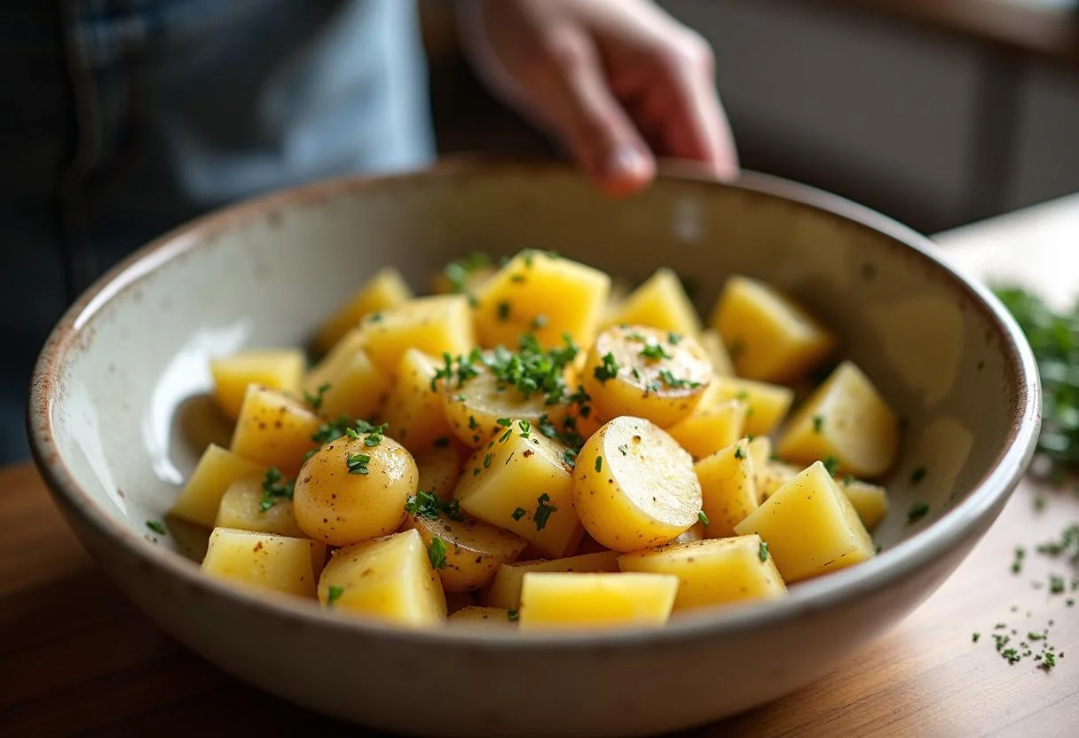 Patata agria picada mezclada con hierbas para hacer deliciosa patata agria casera.