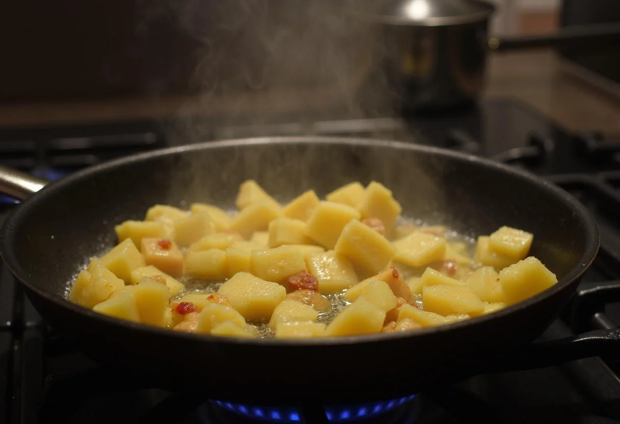 Cocinando patata agria en una sartén, friendo hasta que estén doradas para obtener patatas caseras crujientes.