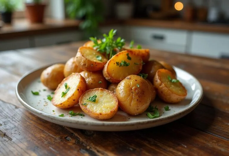 Patatas al horno crujientes servidas con hierbas frescas, ideales para cualquier comida.