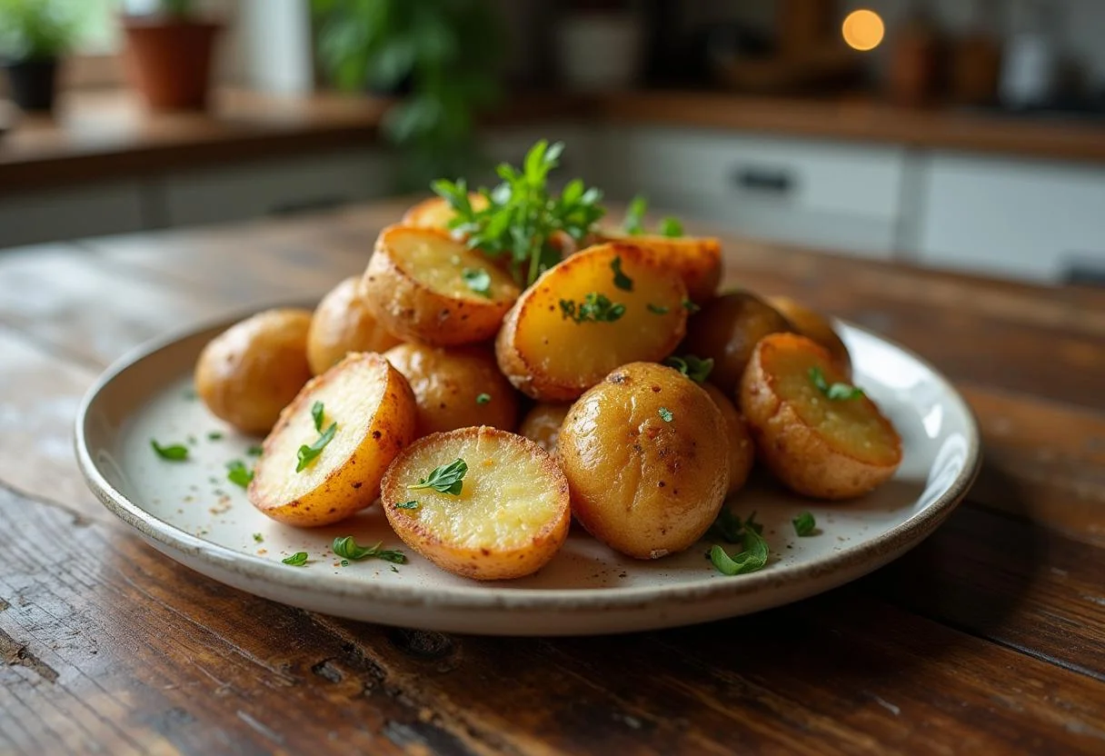 Patatas al horno crujientes servidas con hierbas frescas, ideales para cualquier comida.