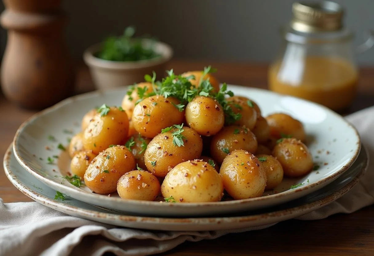 Patatas al horno crujientes servidas con hierbas frescas, ideales para cualquier comida.