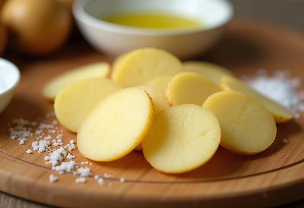 Patatas al horno en rodajas organizadas en una tabla de cortar para preparar patatas al horno crujientes.