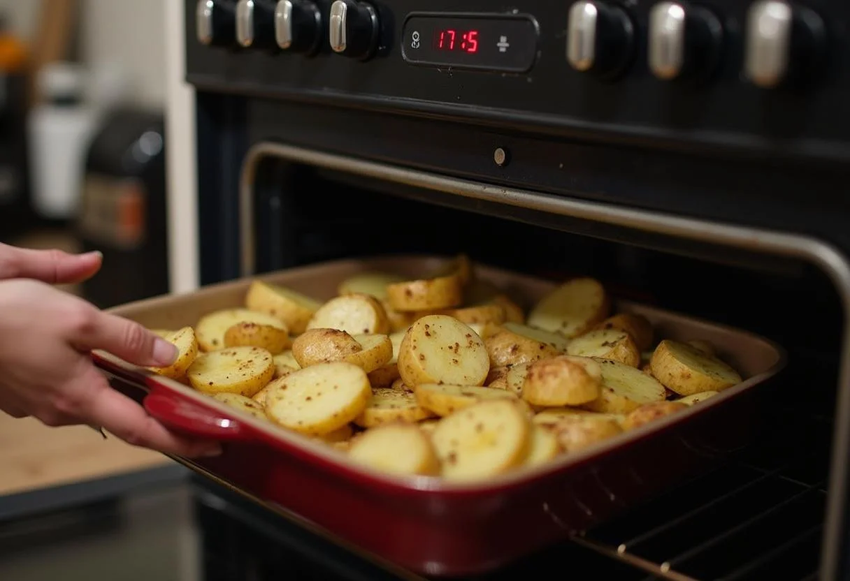 Bandeja con patatas al horno en rodajas crujientes siendo colocada en el horno.