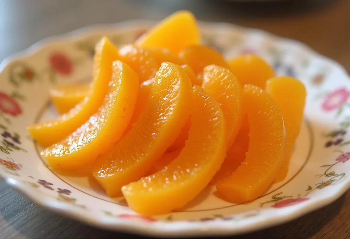 Piel de naranja confitada terminada y presentada en un plato, perfecta para dulces.