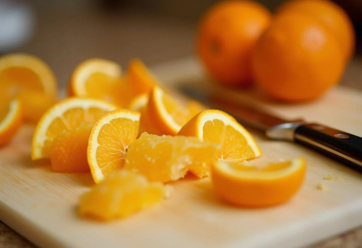Piel de naranja recién cortada en una tabla de cortar para hacer piel de naranja confitada.