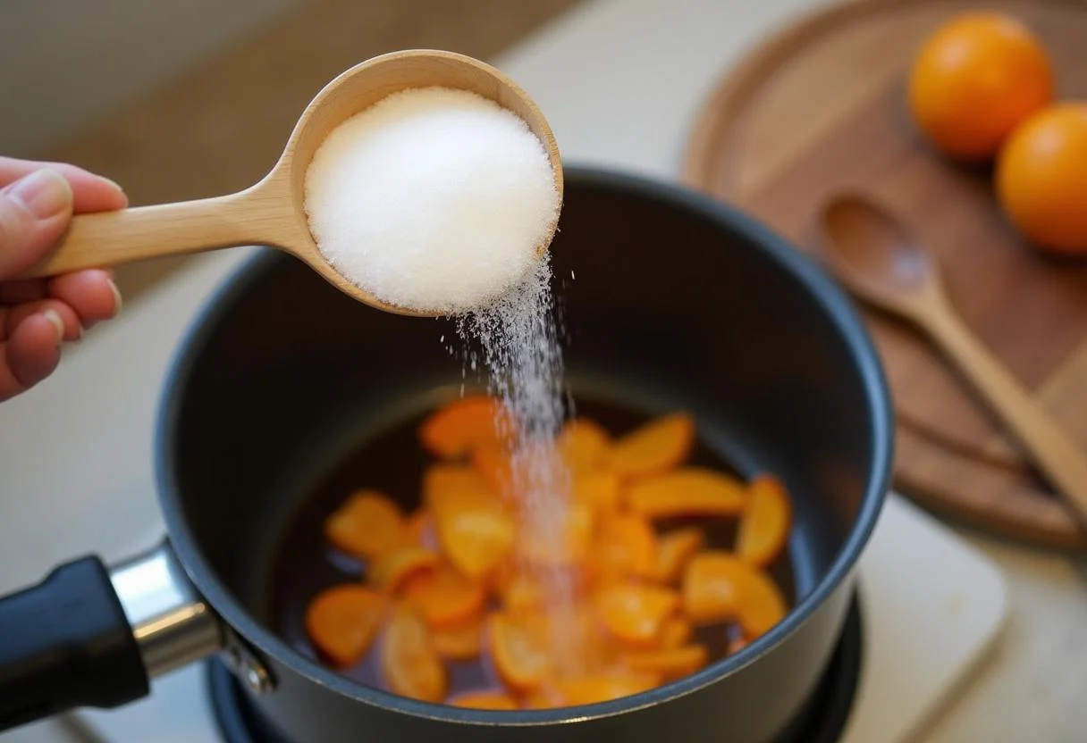 Azúcar siendo añadido a la cacerola para hacer dulce piel de naranja confitada.
