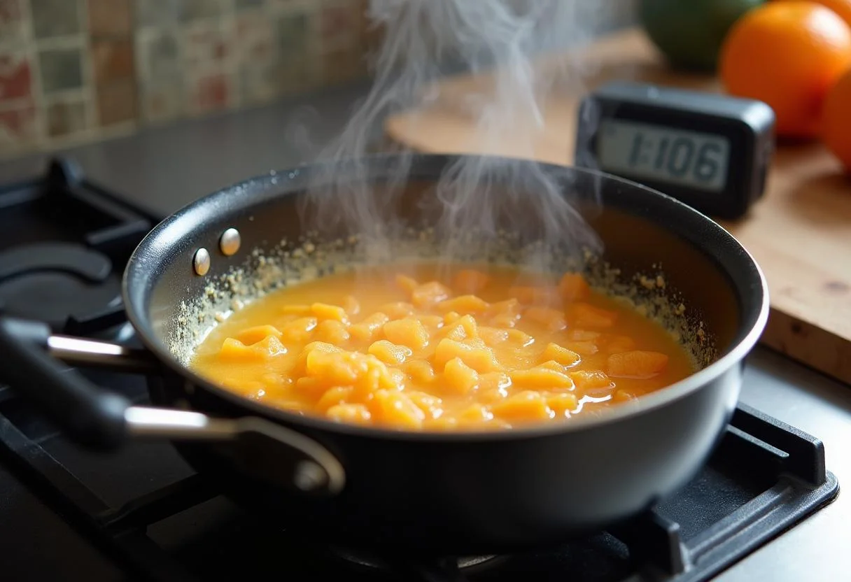 Mezcla burbujeante de piel de naranja confitada en una cacerola en la estufa.