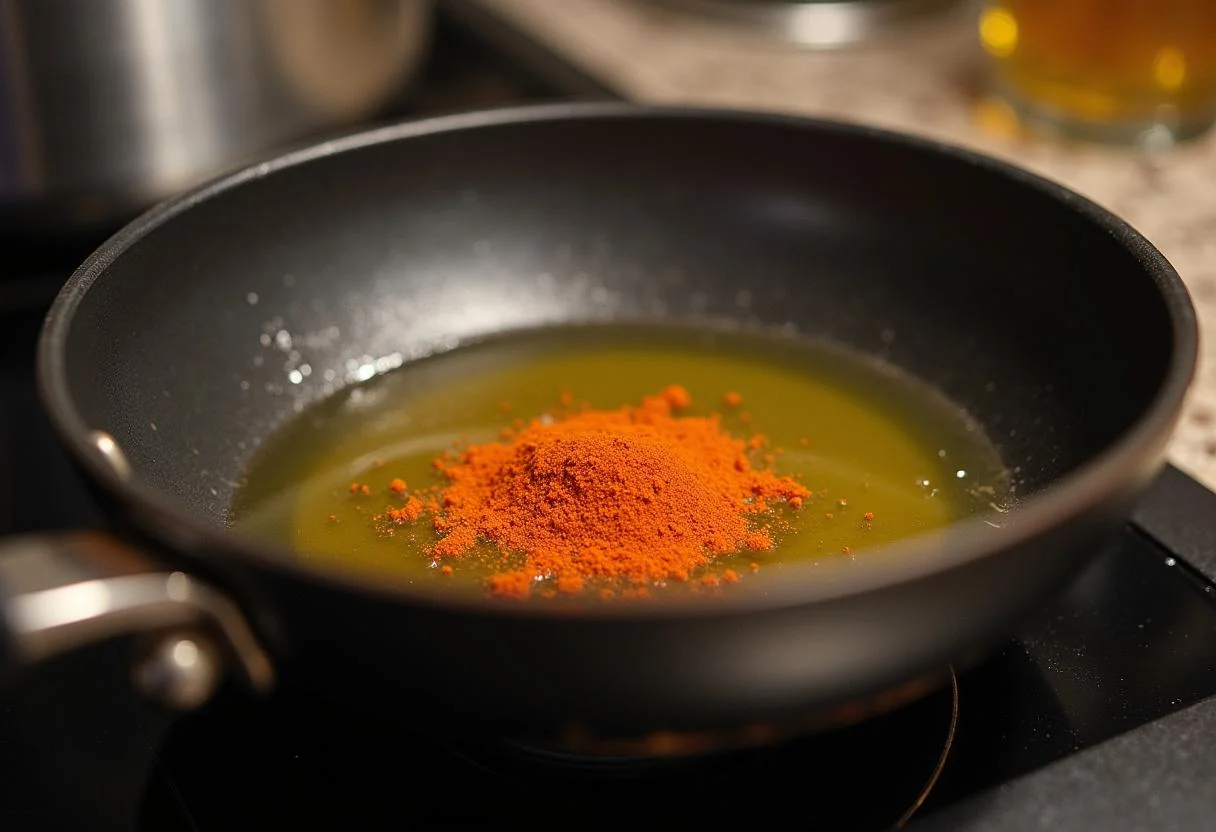 Calentando aceite de oliva con pimienta cayena para recetas usando pimienta de cayena.