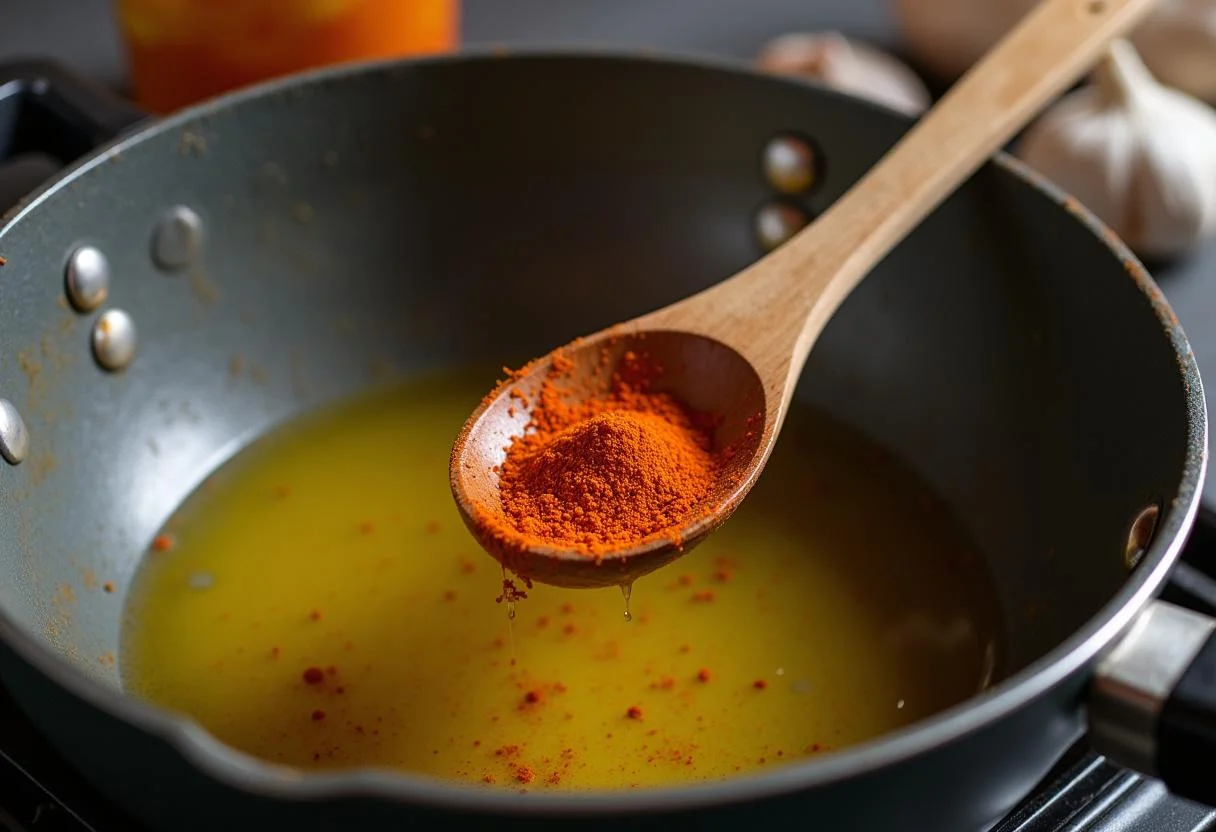 Revolviendo pimienta cayena en aceite de oliva caliente para realzar el sabor en la cocina con pimienta cayena.