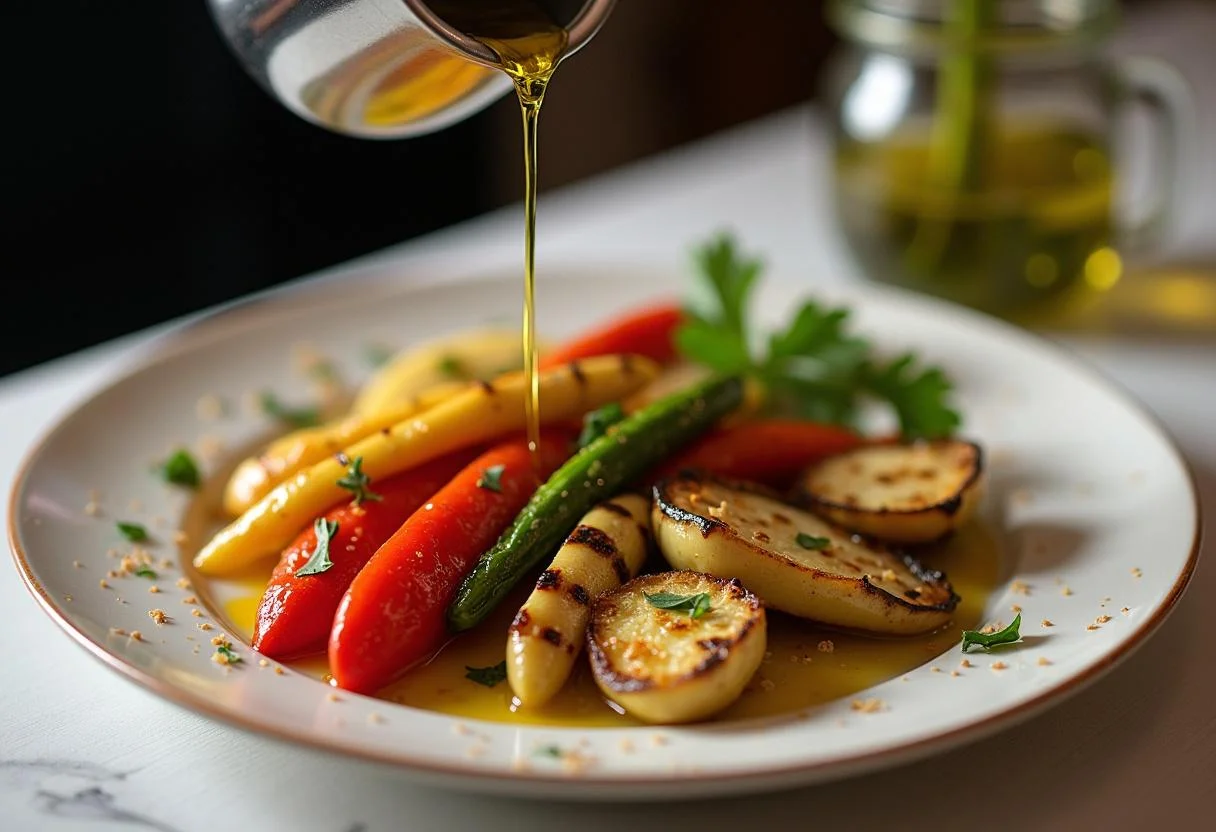 Vegetales a la parrilla adornados con aceite de oliva infundido con cayena, mostrando el uso de pimienta de cayena.