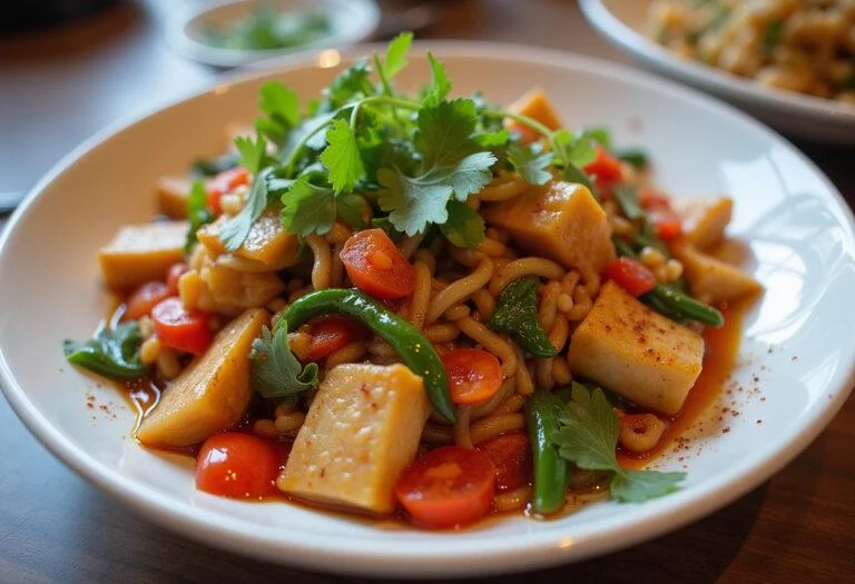 Final dish of pimienta de Sichuan recipe beautifully plated with colorful ingredients.