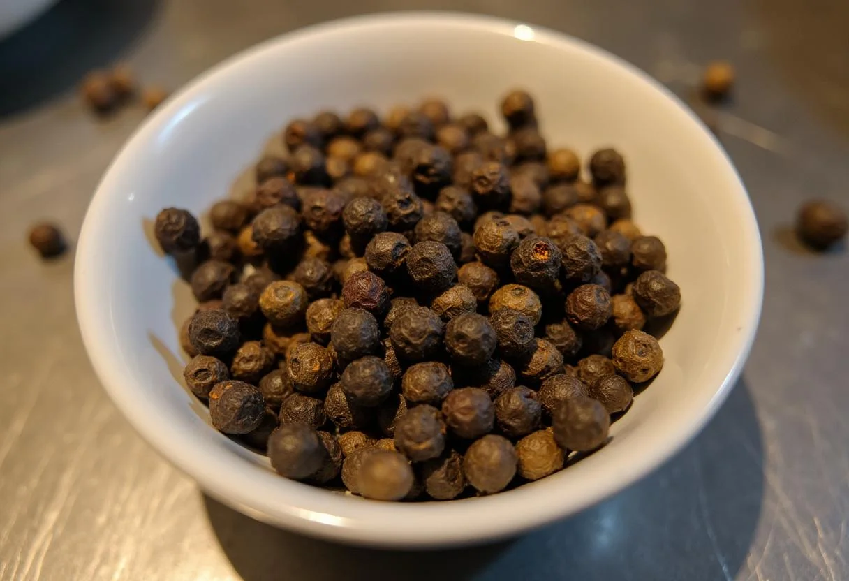 Granos enteros de pimienta de Sichuan mostrados en un tazón para la receta de pimienta de Sichuan.