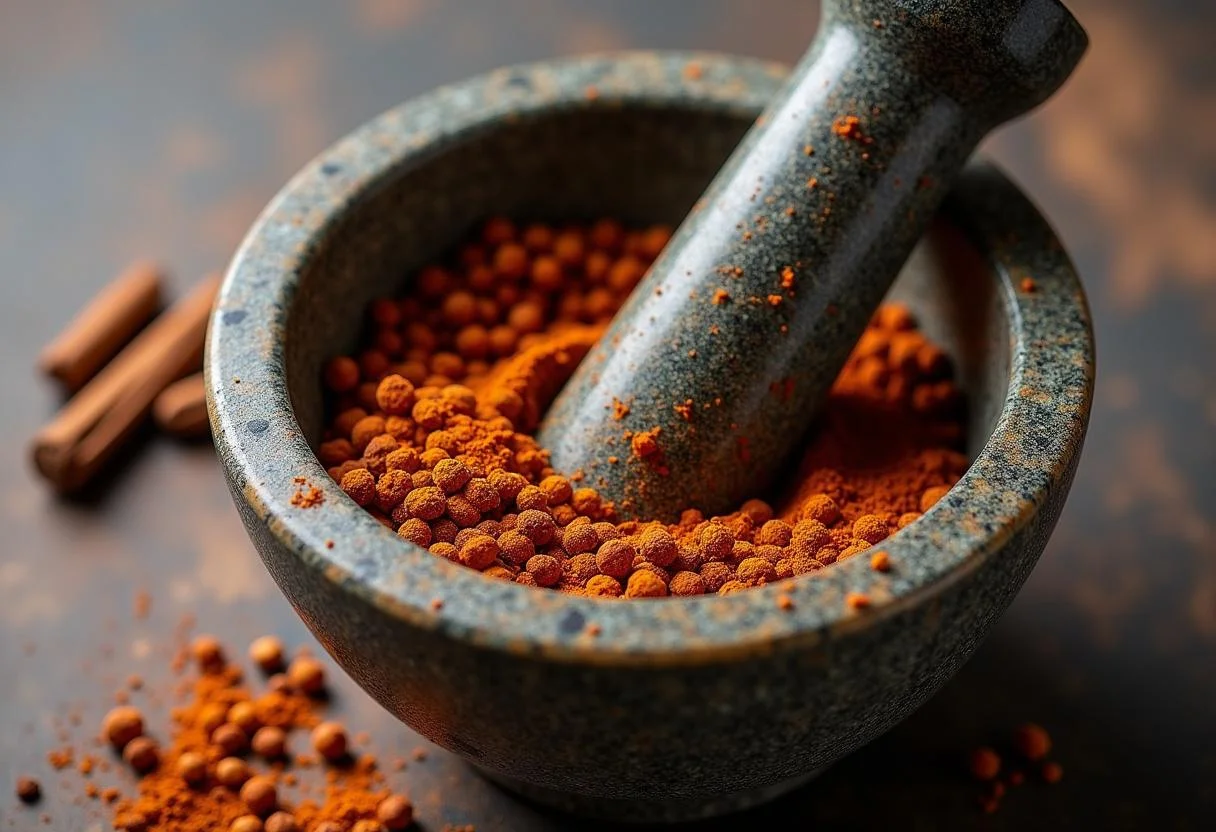 Molienda de granos de pimienta de Sichuan en un mortero y pilón para el condimento de pimienta de Sichuan.