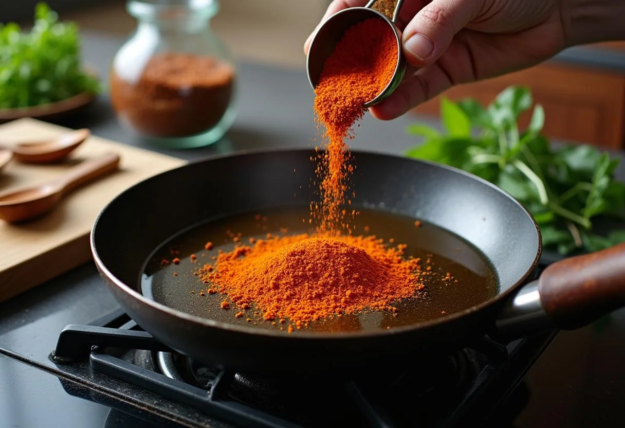 Preparándose para saltear la pimienta de Sichuan molida en aceite para la receta de pimienta de Sichuan.