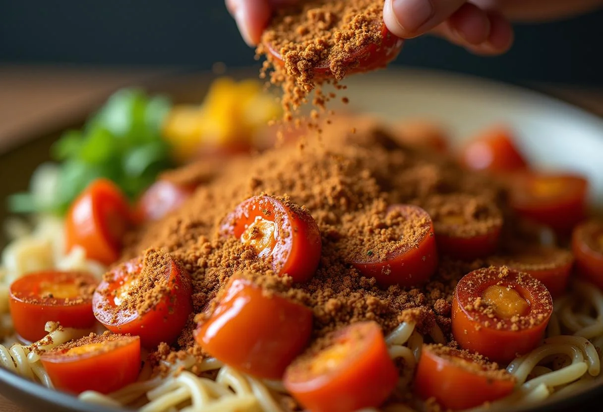 Espolvoreando condimento de pimienta de Sichuan en un delicioso plato en la receta de pimienta de Sichuan.