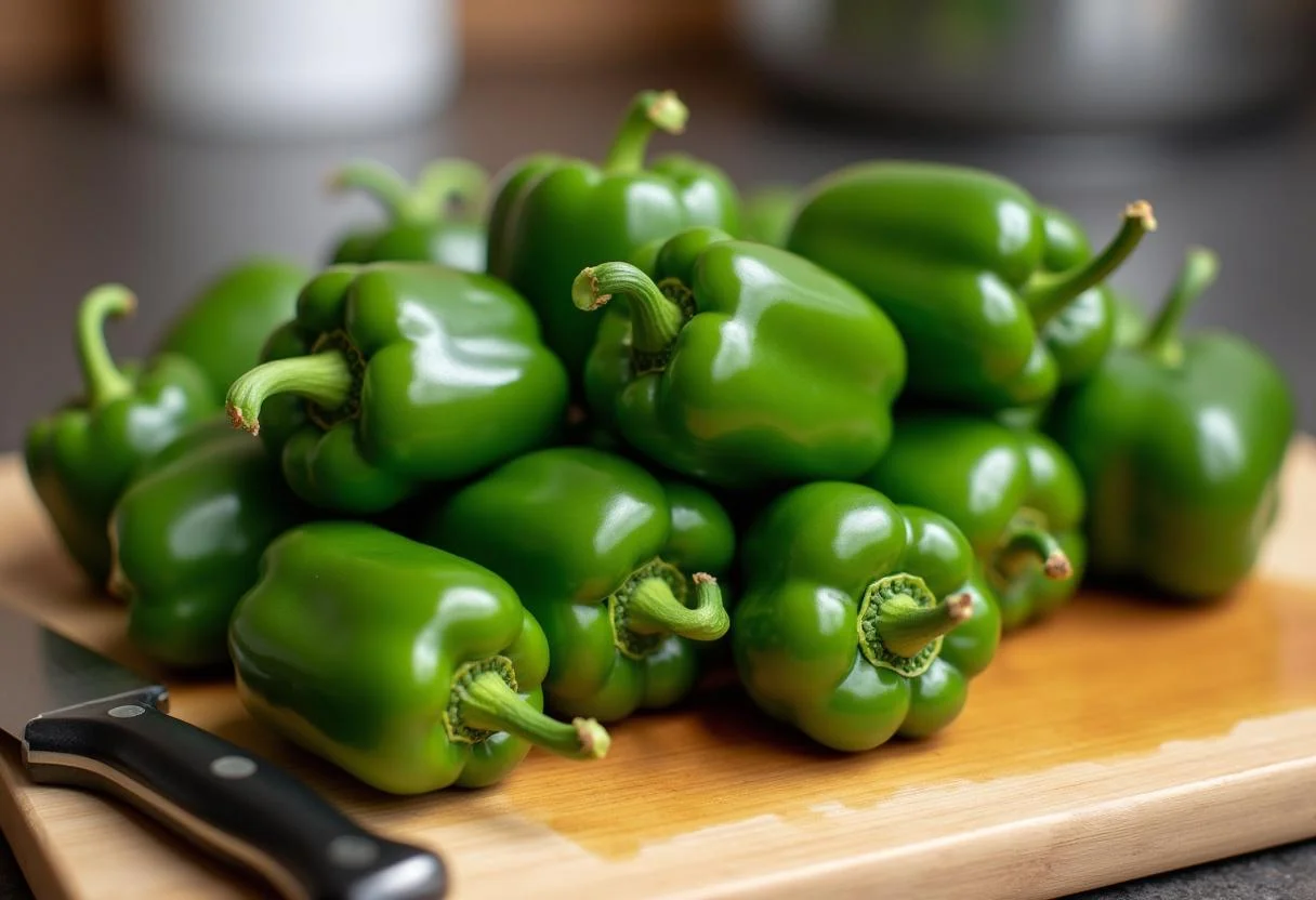 Pimiento italiano verde fresco lavado y dispuesto en una tabla de cortar para preparar Pimiento Italiano Asado.