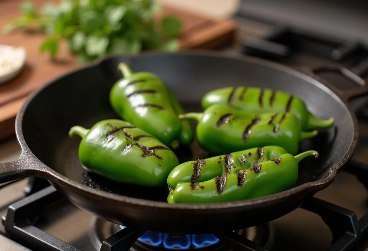 Pimientos verdes italianos asándose en una sartén a la parrilla para la receta de Pimiento Italiano Asado.