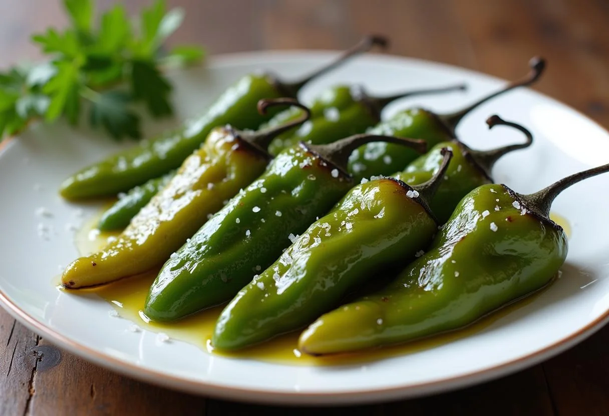 Pimientos italianos verdes asados con aceite de oliva y sal marina, listos para disfrutar como Pimiento Italiano Asado.