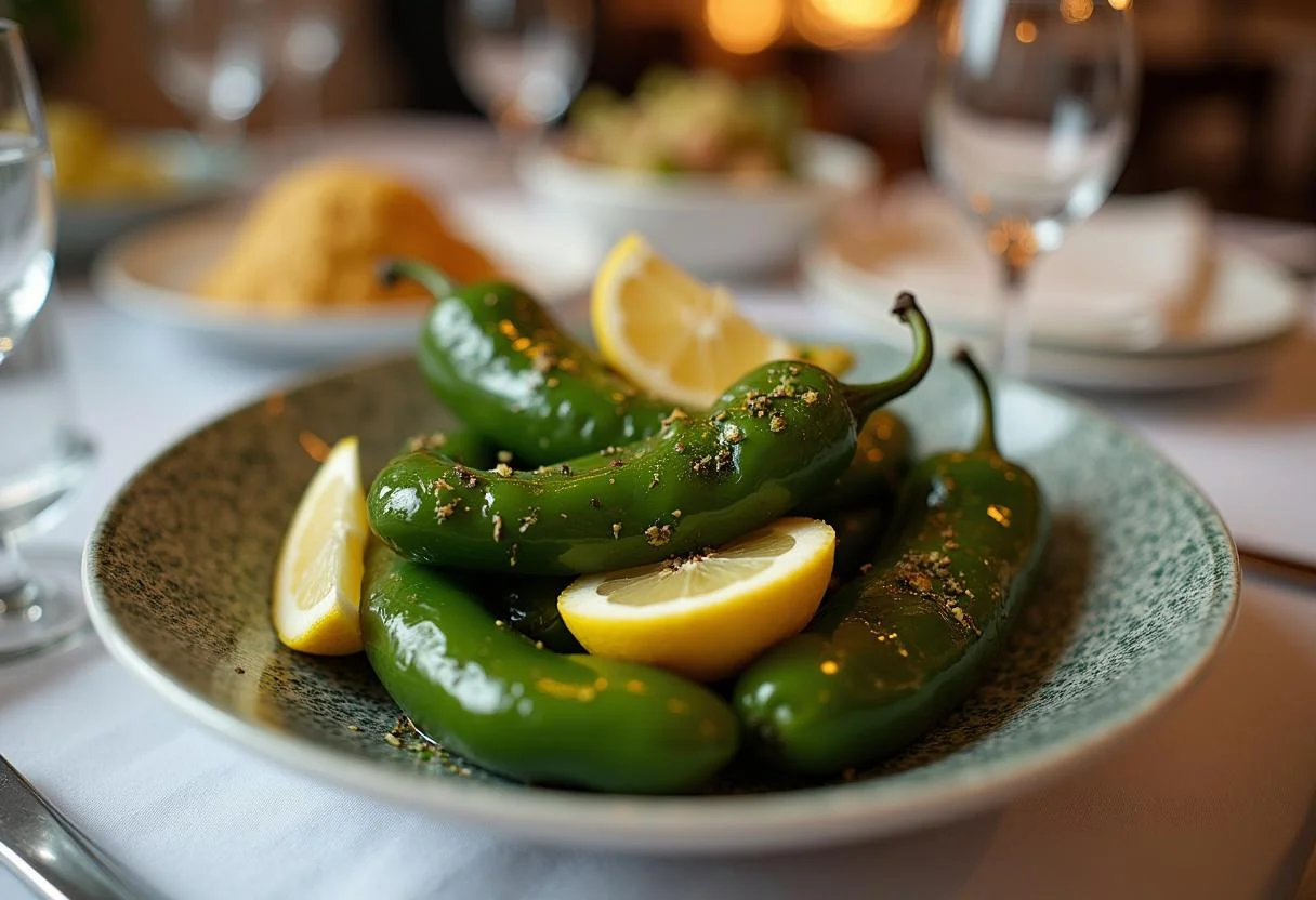 Mesa elegantemente preparada con Pimientos Italianos Asados listos para servir.