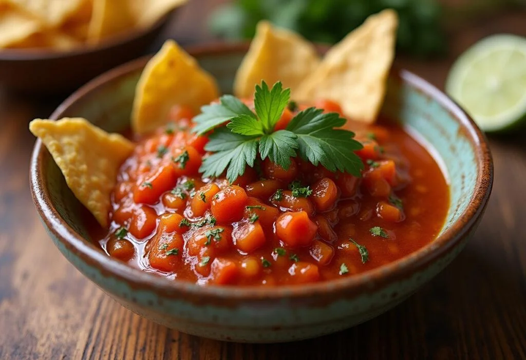 Delicious pimiento salsa served with tortilla chips, perfect for appetizers.