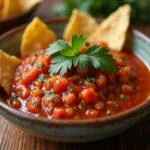 Delicious pimiento salsa served with tortilla chips, perfect for appetizers.