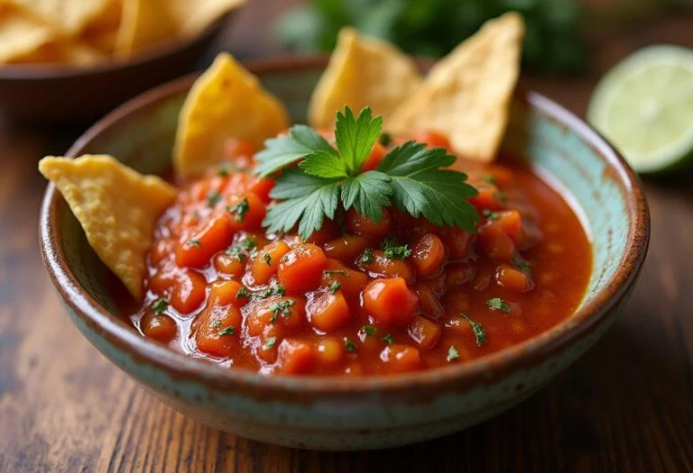 Delicious pimiento salsa served with tortilla chips, perfect for appetizers.