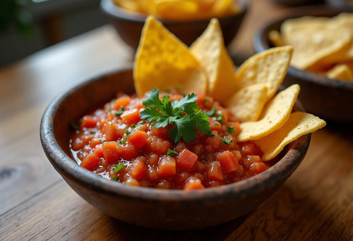 Delicious pimiento salsa served with tortilla chips, perfect for appetizers.