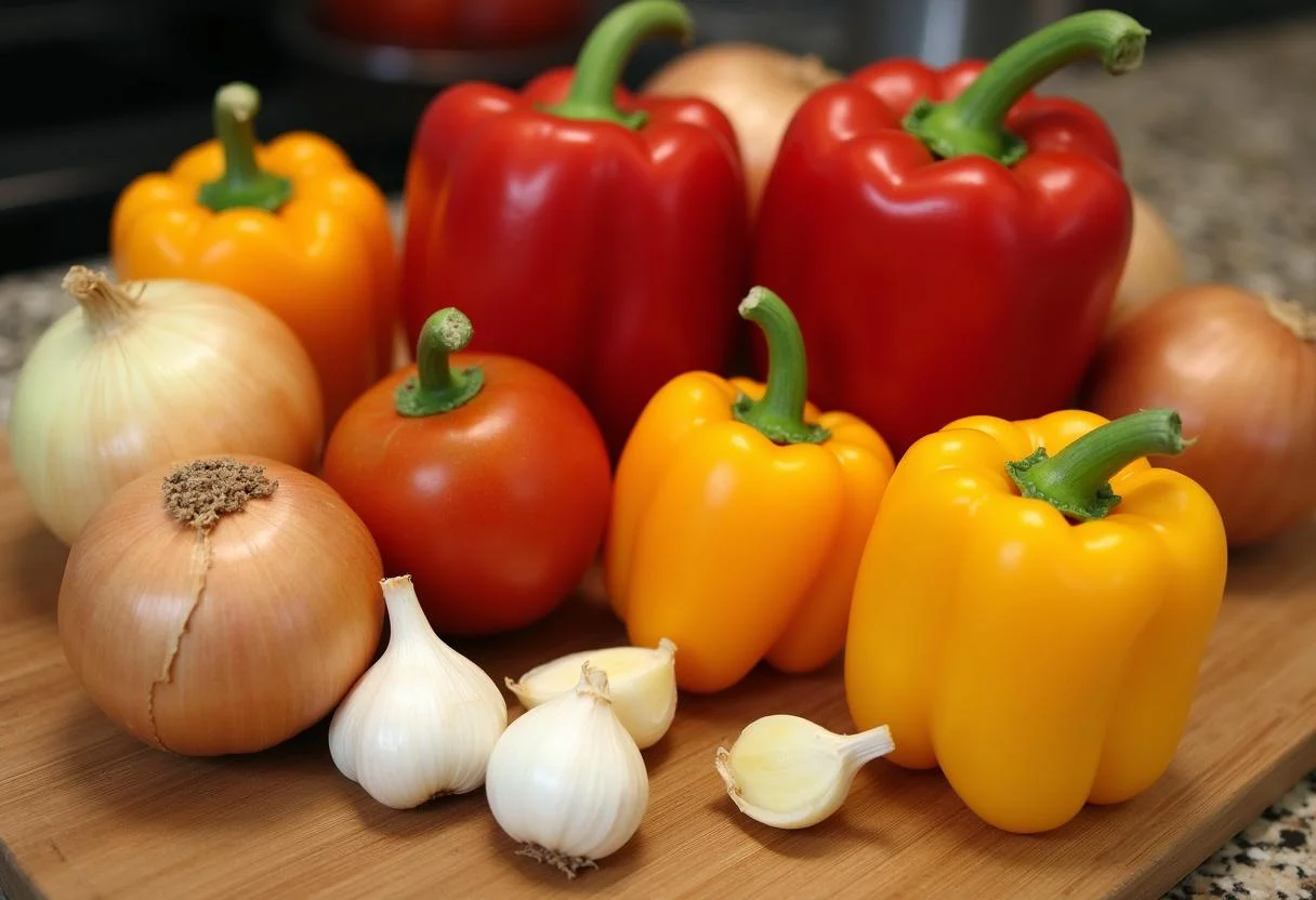 Fresh ingredients for pimiento salsa including bell peppers, garlic, onions, and tomatoes on a cutting board.