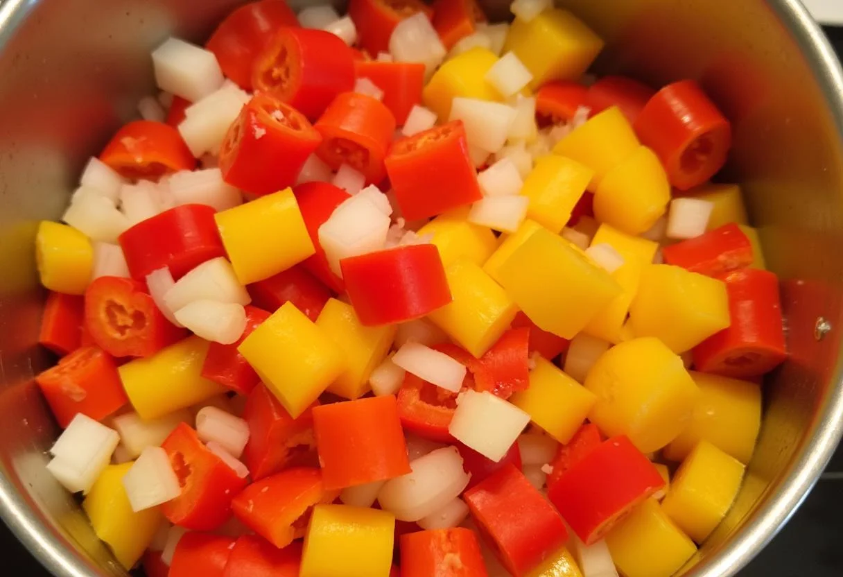 Chopped peppers and onions combined, ready for making pimiento salsa.
