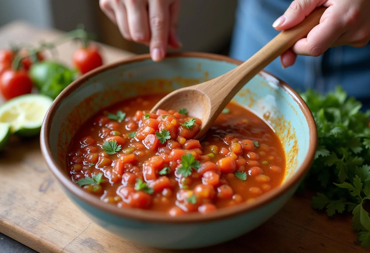 Mixing colorful ingredients for fresh pimiento salsa in a bowl.