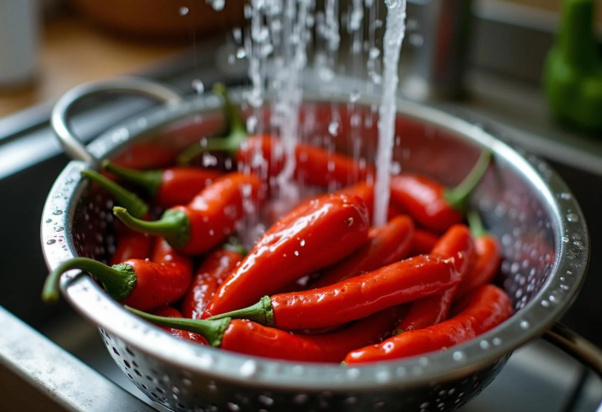 Fresh pimientos de padron being rinsed for the perfect Pimientos de Padron Fritos.