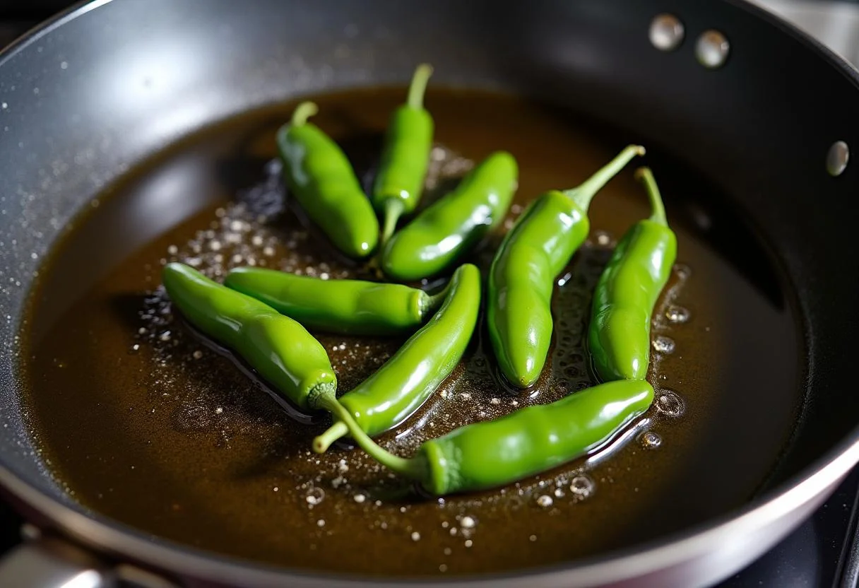 Olive oil heating in a pan for frying pimientos de padron fritos.