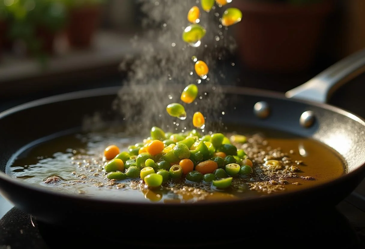 Pimientos de padron being fried in hot oil for delicious Pimientos de Padron Fritos.