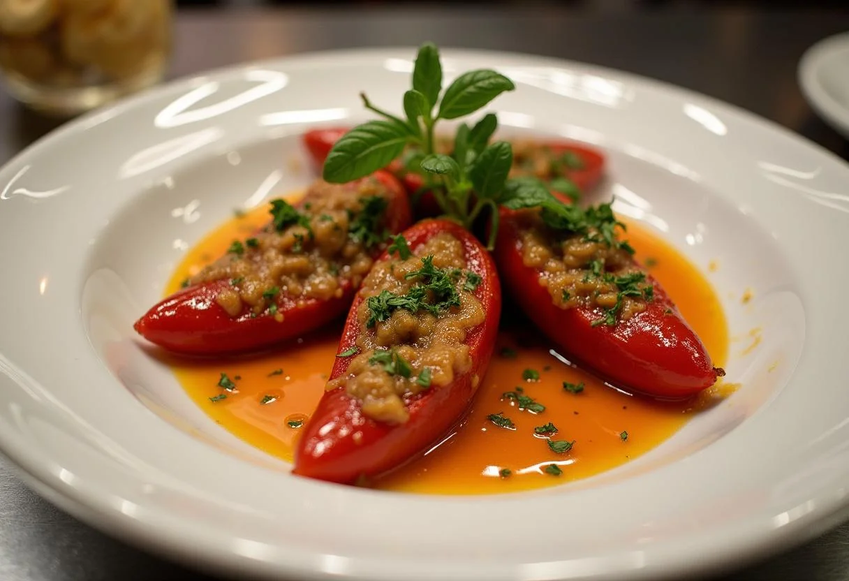Deliciosos pimientos del piquillo horneados servidos en un plato, perfectos para compartir o disfrutar como comida.