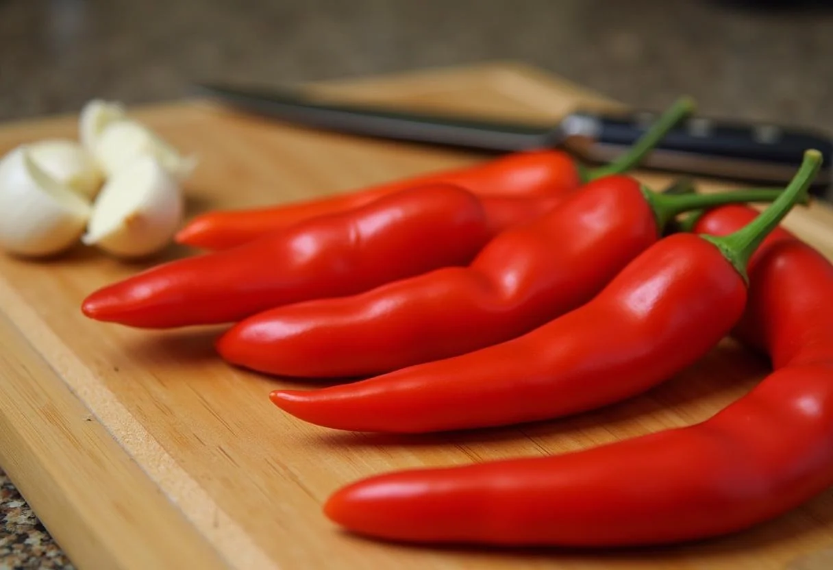 Pimientos del piquillo frescos sobre una tabla de cortar, ideales para rellenar en la receta de Pimientos del Piquillo Rellenos.