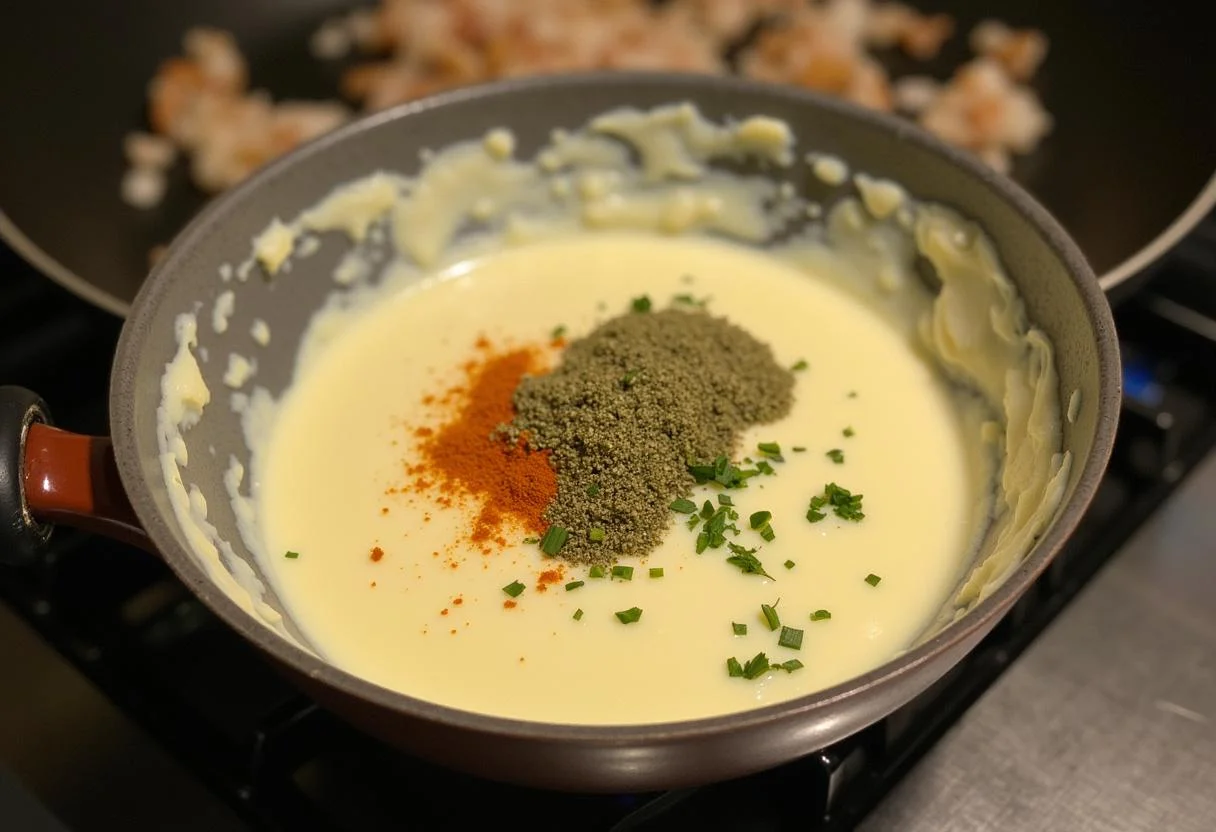 Mezcla de relleno de queso para rellenar pimientos del piquillo en la receta de Pimientos del Piquillo Rellenos.