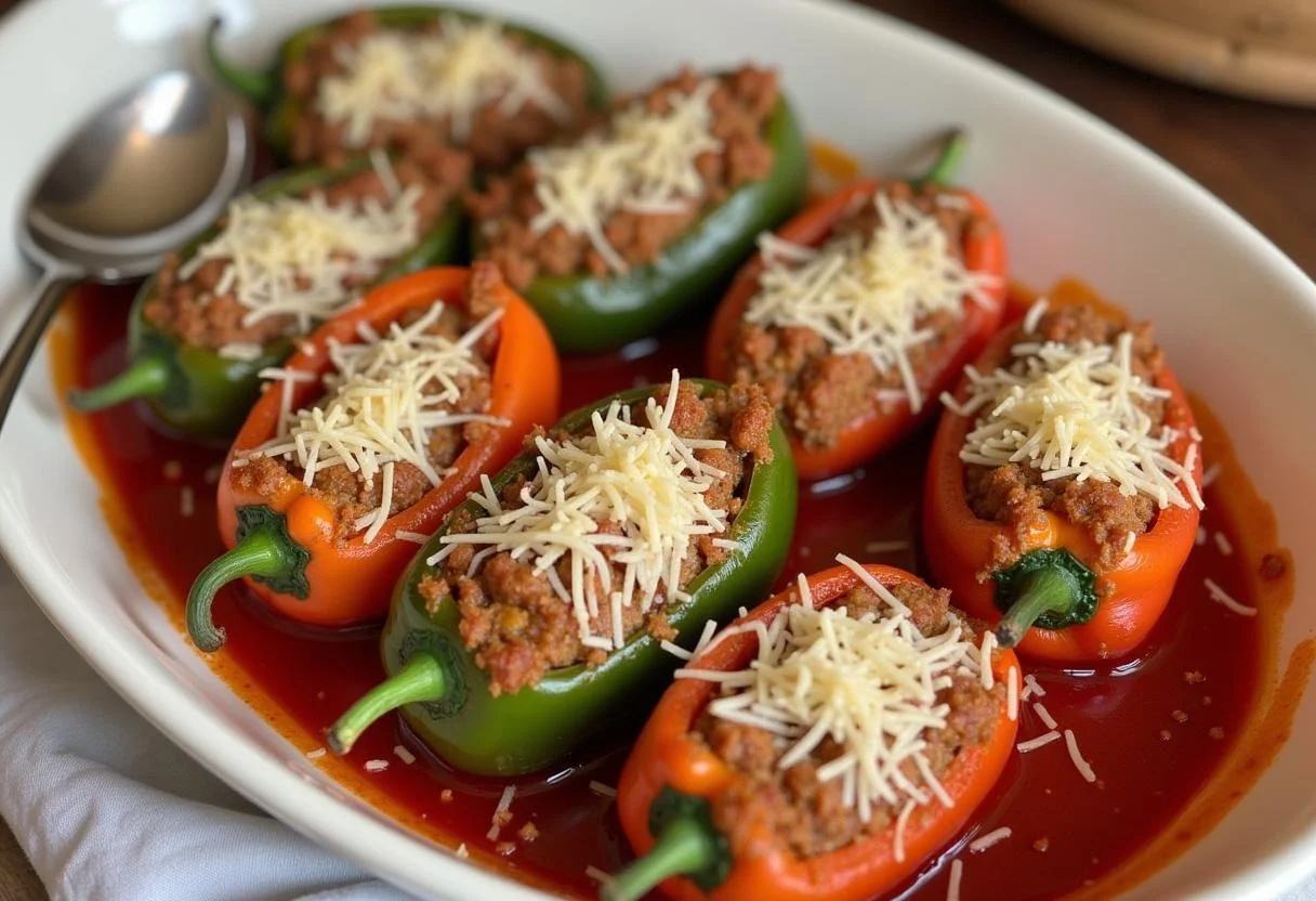 Pimientos del piquillo rellenos listos para hornear en la receta de Pimientos del Piquillo Rellenos.