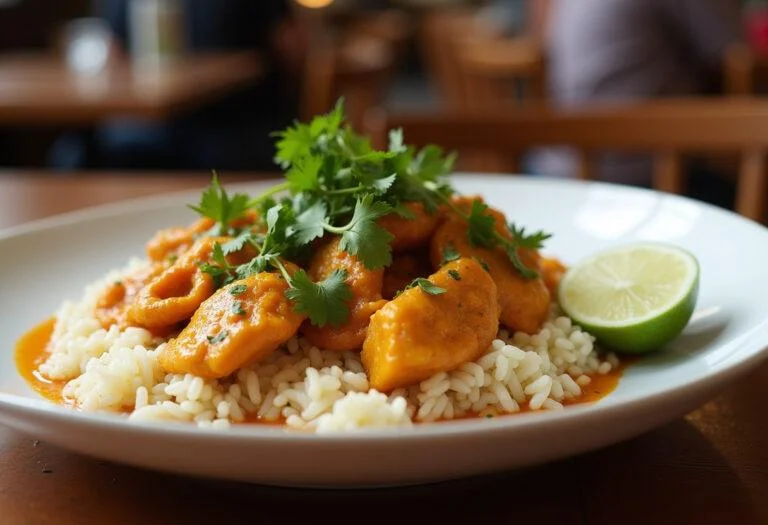 Delicious pollo al curry con arroz served on a plate, perfect for any meal.