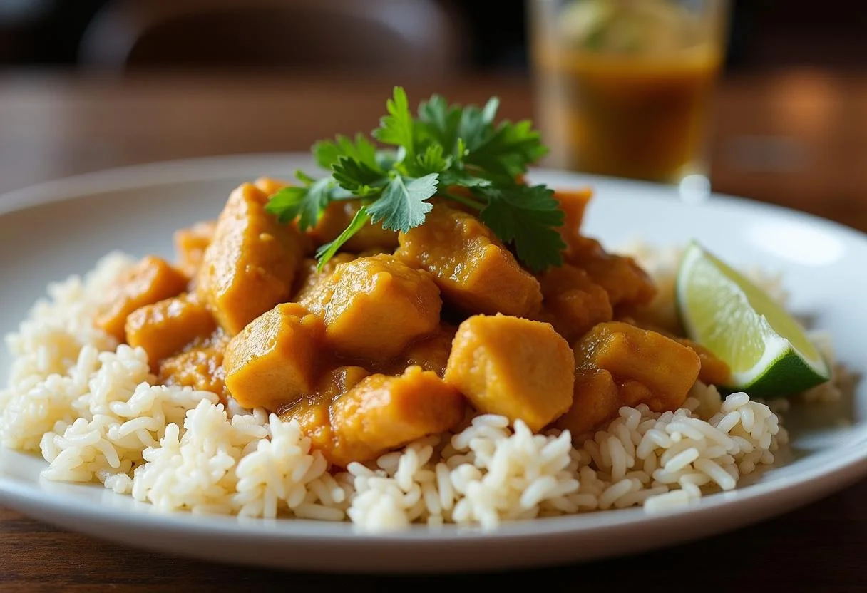 Delicioso pollo al curry con arroz servido en un plato, perfecto para cualquier comida.