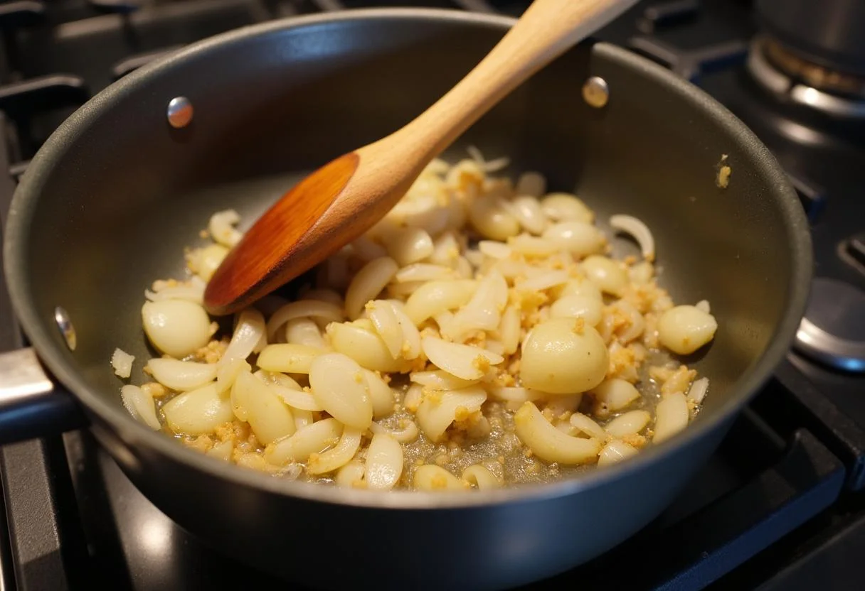 Cebollas, ajo y jengibre salteándose en una olla para el plato de pollo al curry con arroz.