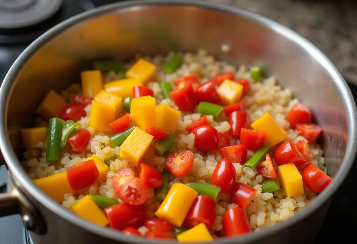 Añadiendo verduras cortadas en cubitos a la mezcla de cebolla salteada para el proceso de cocción del pollo al curry con arroz.