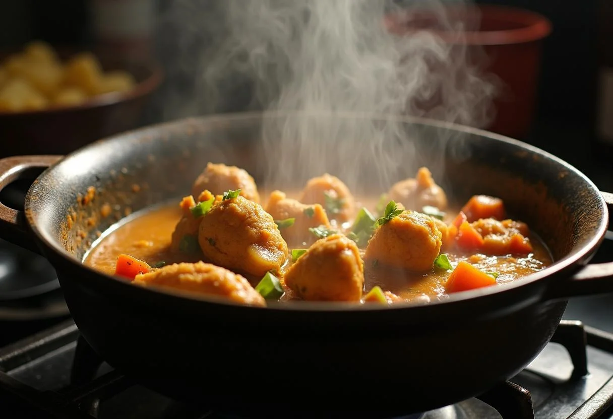 Olla de pollo al curry con arroz cocinando a fuego lento en la estufa, creando un plato sabroso.
