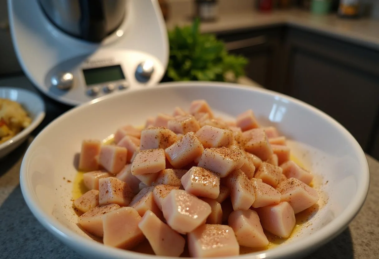 Diced chicken marinated for Pollo con Almendras Thermomix, ready to be cooked.