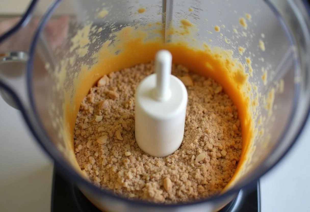 Blending marinated chicken and almonds in a Thermomix for Pollo con Almendras recipe.
